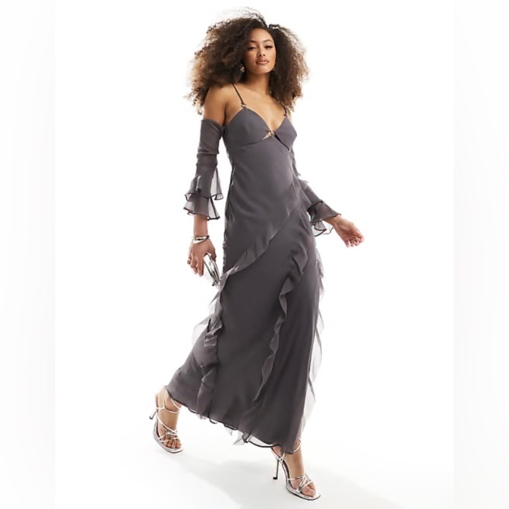 NEW ASOS Charcoal Ruffle Maxi Dress